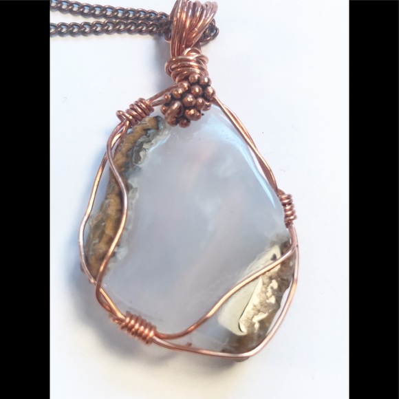 Rusty Lark Jewelry - Blue Lace Agate & Copper Pendant Necklace, 18” NEW